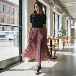 ZARA Pleated Satin Midi Skirt Black Pink Animal Print Elastic Waist Size XS